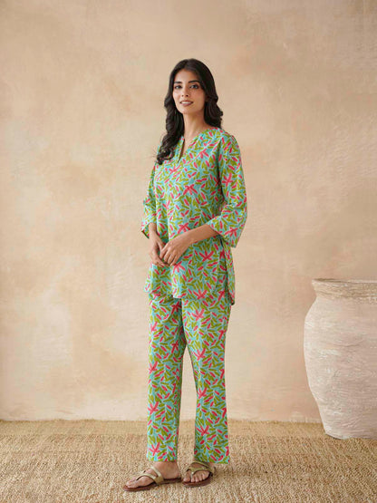 Cotton Printed Lounge Wear Coord Set Green Patti