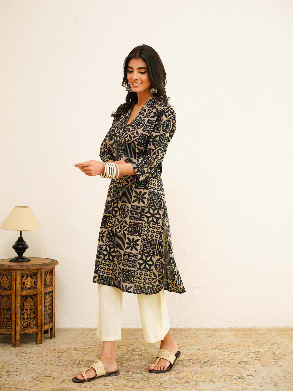 Cotton Printed Straight Kurta Black Coffee