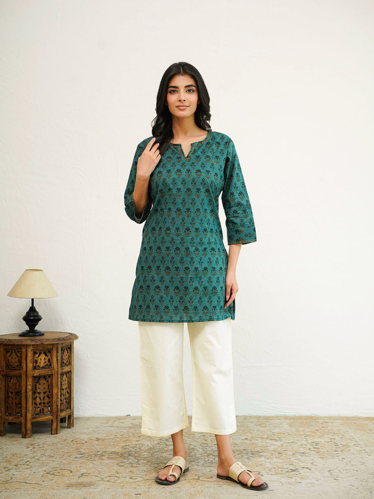 Cotton Printed Kantha Kurta Grey