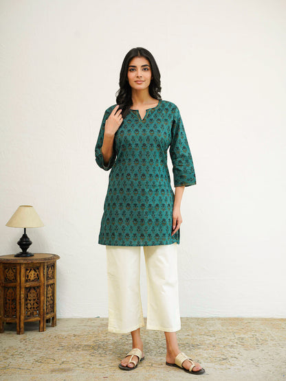 Cotton Printed Kantha Kurta Grey