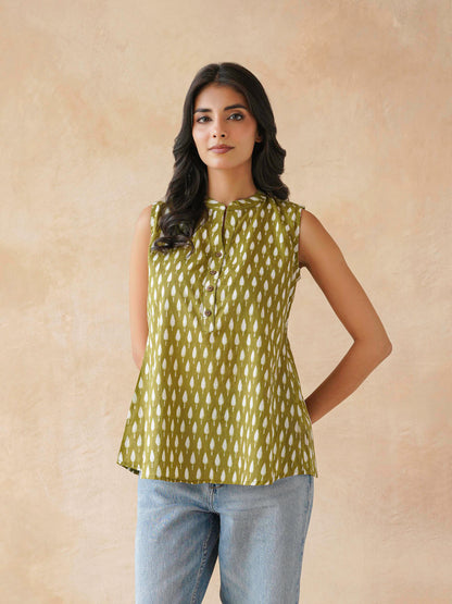 Cotton Printed Sleeveless Tunic Top For Women Green Booty
