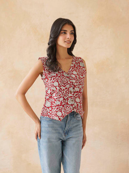 Sleeveless Cotton Block Printed Kothi Top Red Jaal