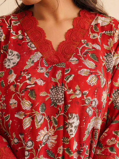 Block Printed Cotton Kurta Pant Bagiya Set Red Jaal