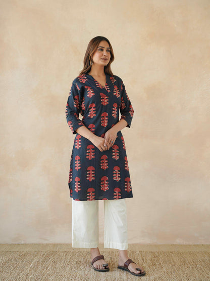 Cotton Printed Straight Kurta Red Coral
