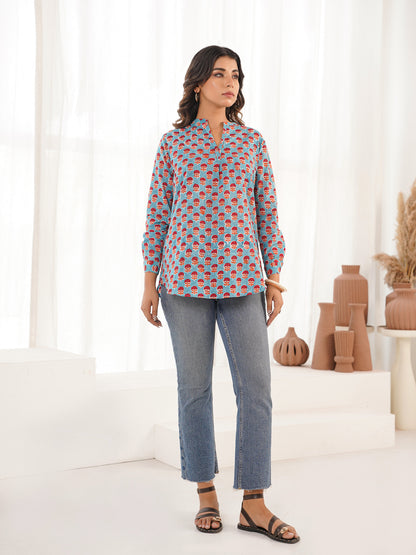 Cotton Printed Top For Women Turquoise