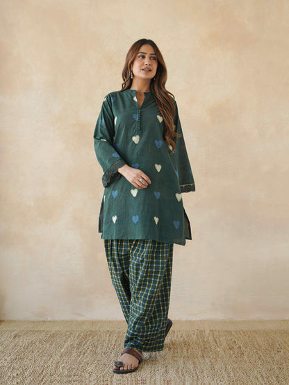 Farshi Set Relaxed Fit Kurta & Pants Set Green Heart