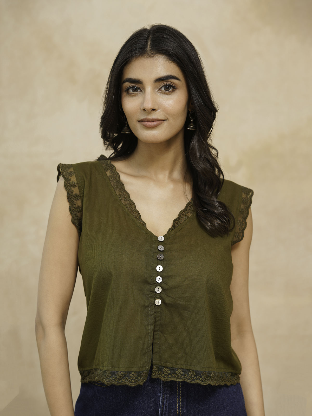 Sleeveless Cotton Printed Daisy Lace Top Green
