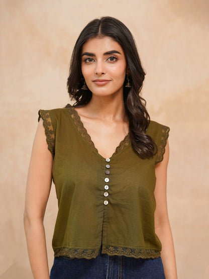 Sleeveless Cotton Printed Daisy Lace Top Green