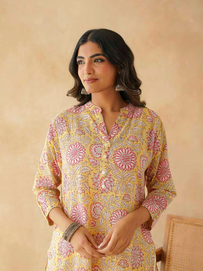 Cotton Printed Collar Neck Long Kurti For Women Yellow