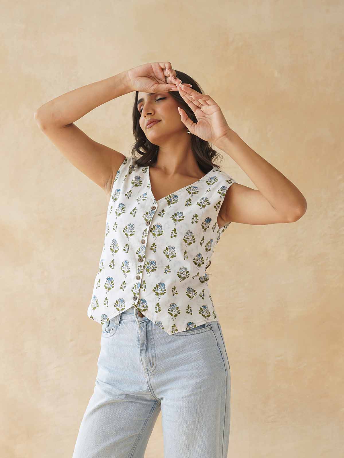 Sleeveless Cotton Block Printed Kothi Top White Booty