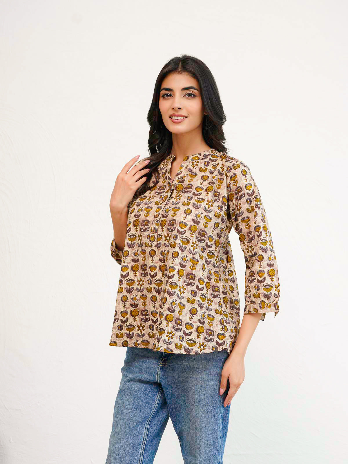 Cotton Printed Everyday Tunic Top For Women Brown