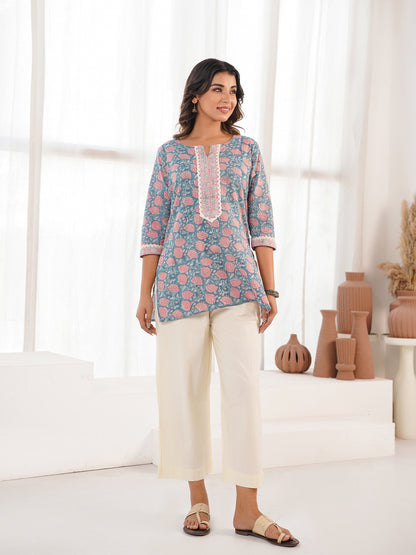 Block-Printed Cotton Zoya Kurti Grey Booty