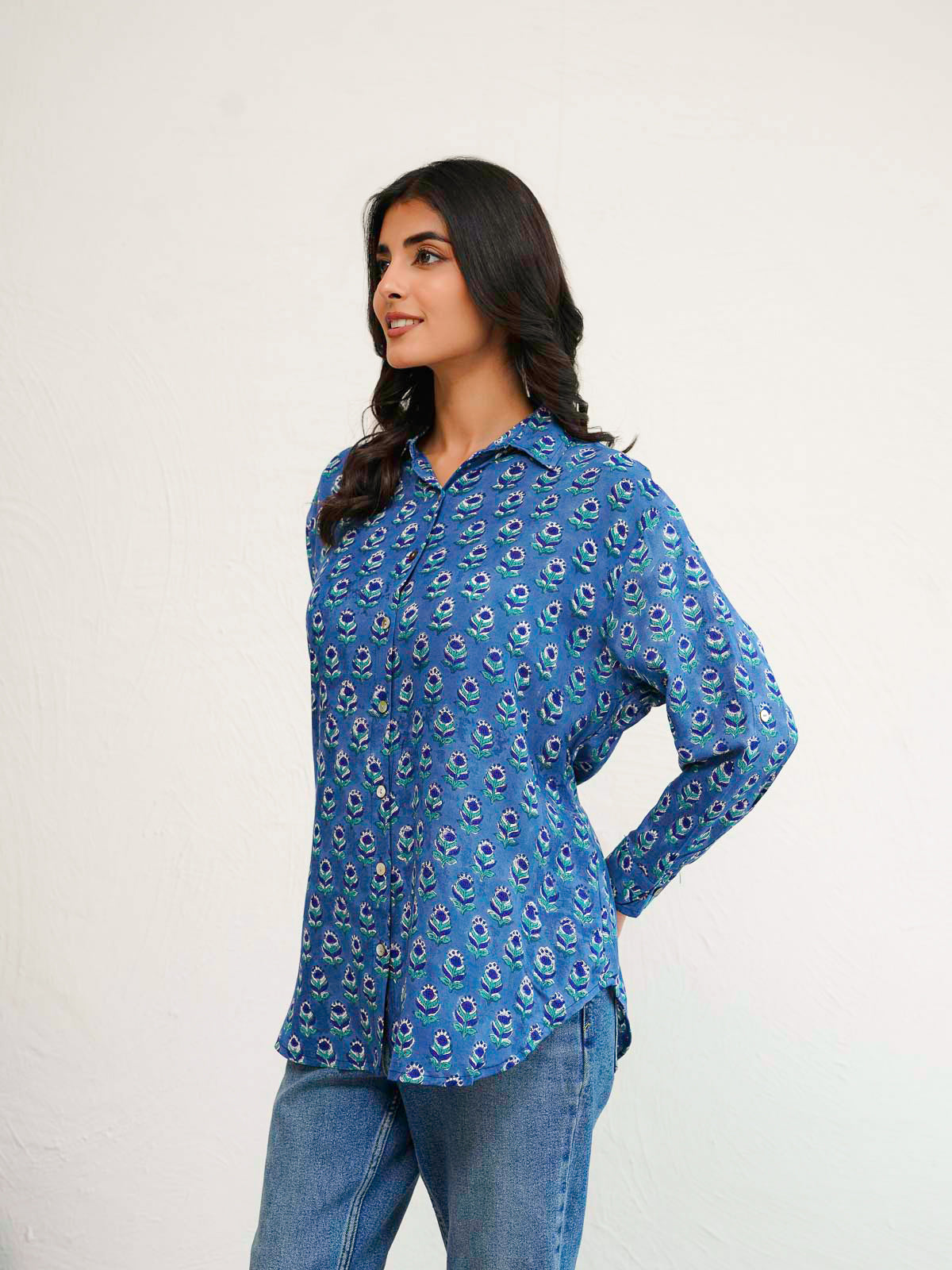 Block Printed Cotton Meher Shirt Blue Booty
