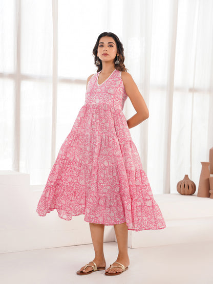 Tiered Halter Neck Dress Pink Jaal