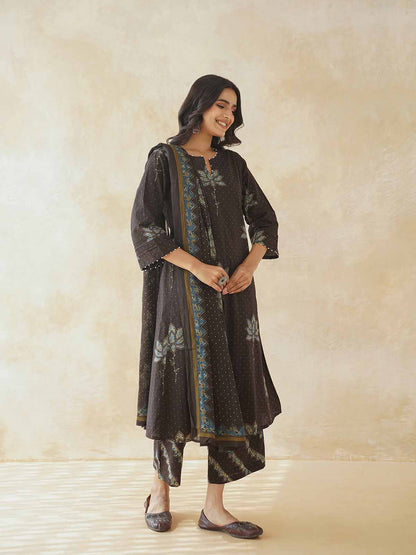 Cotton Printed Aline Geet Kurta Set For Women Brown