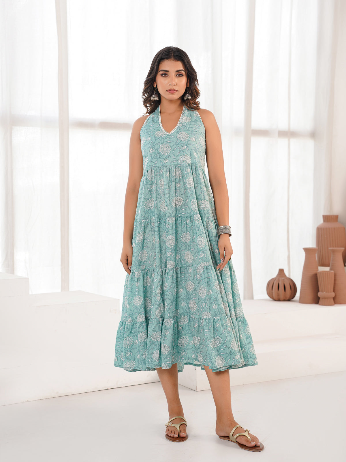 Tiered Halter Neck Dress Sea Green