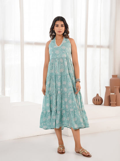 Tiered Halter Neck Dress Sea Green