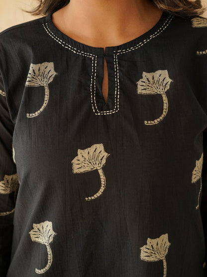 Cotton Printed Kantha Kurta Black