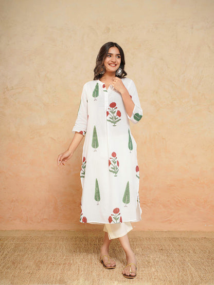 Cotton Pleat Kurta For Women White Patti