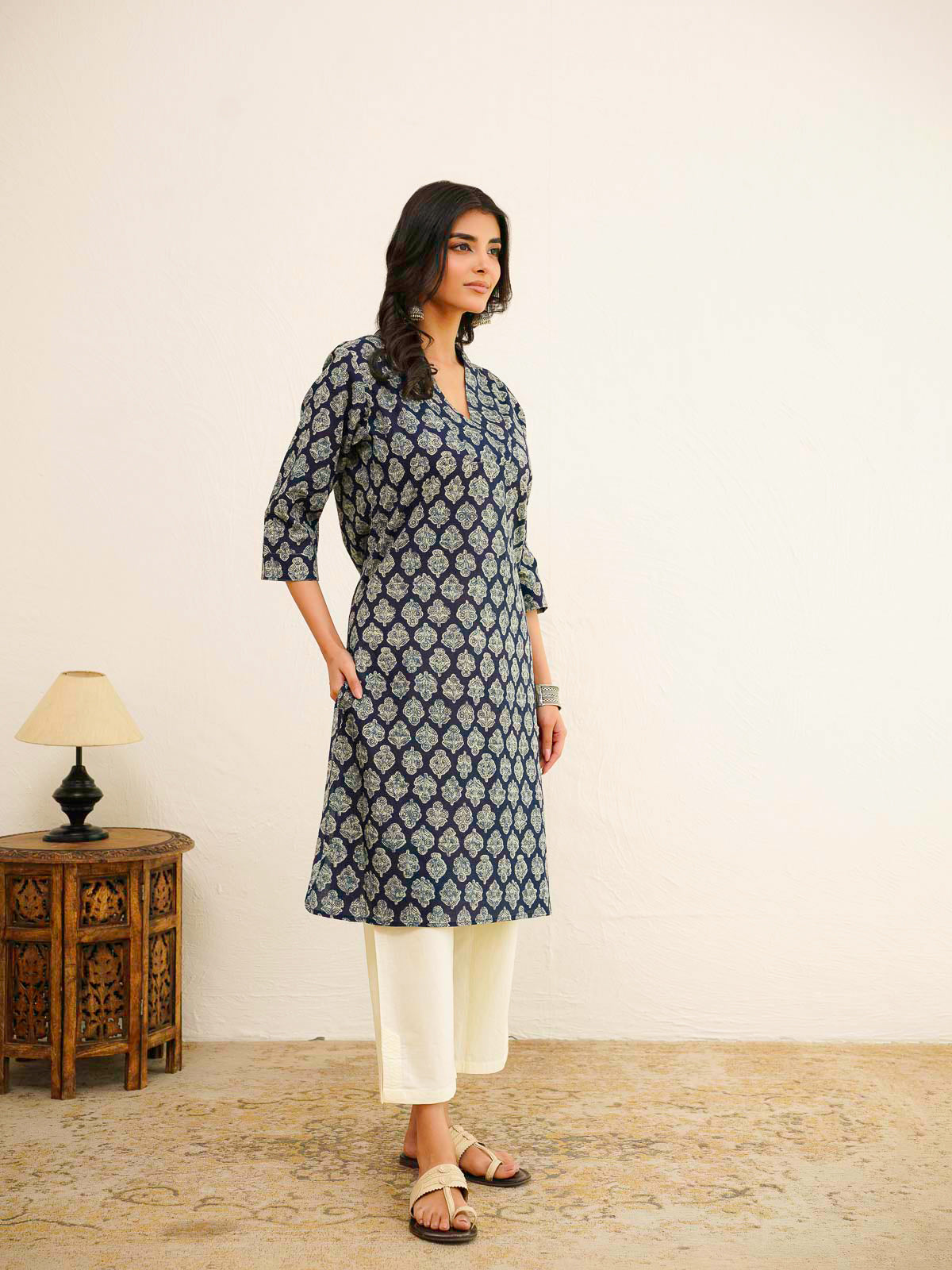 Cotton Printed Straight Kurta Blue Booty