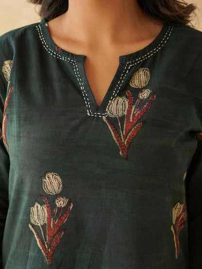 Cotton Printed Kantha Kurta Green