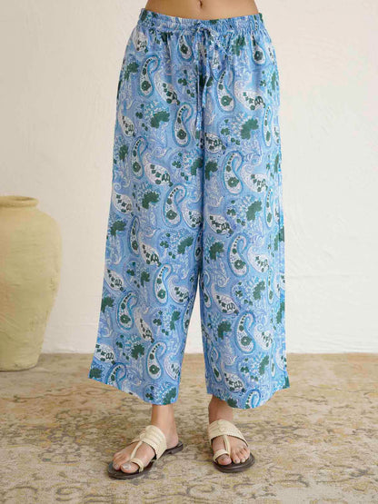 Women Ethnic Motifs Printed Cotton Pleat Set Sky Blue