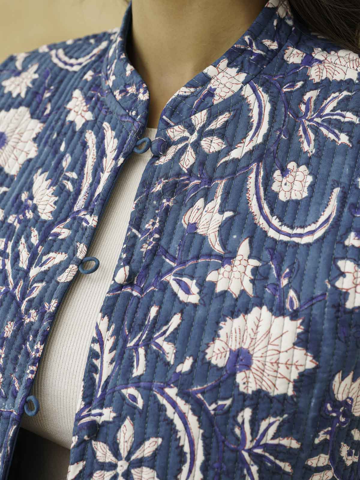 Cotton Printed Sleeveless Quilted Jacket Blue Jaal