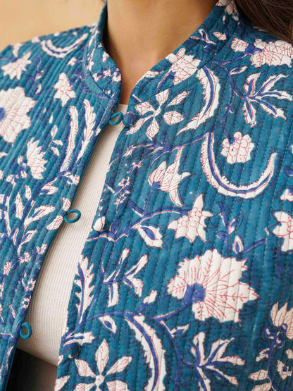 Cotton Printed Sleeveless Quilted Jacket Blue Jaal