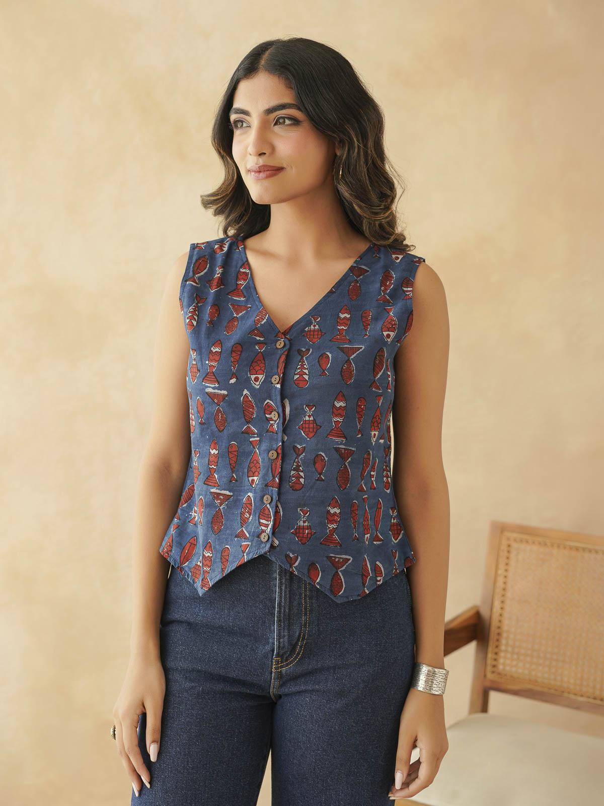 Sleeveless Cotton Block Printed Kothi Top Indigo Fish
