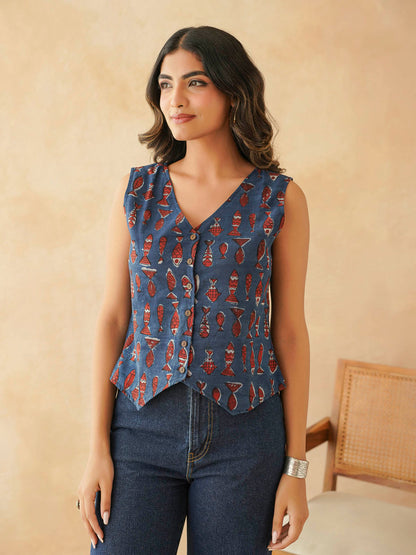 Sleeveless Cotton Block Printed Kothi Top Indigo Fish