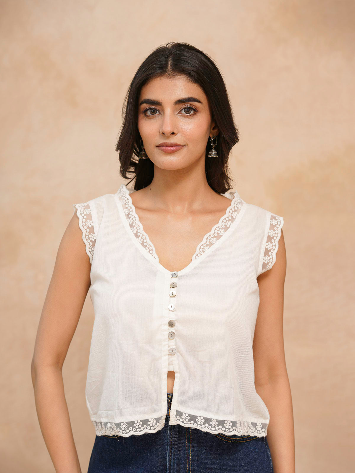 Sleeveless Cotton Printed Daisy Lace Top White