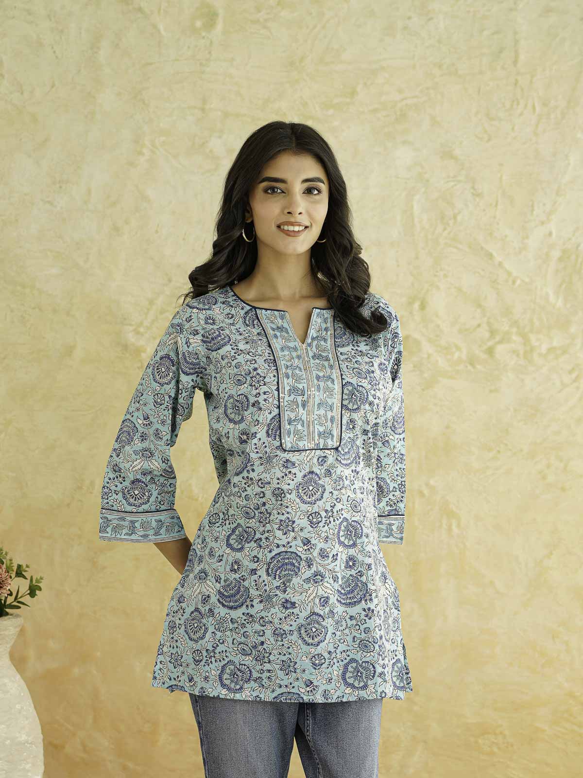 Cotton Printed Sequin Short Kurti For Women Turquoise