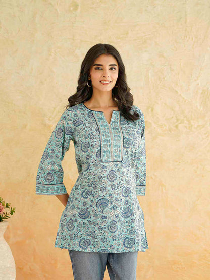Cotton Printed Sequin Short Kurti For Women Turquoise