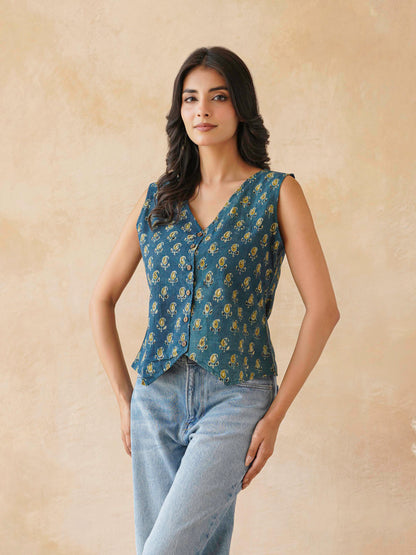 Sleeveless Cotton Block Printed Kothi Top Indigo Booty