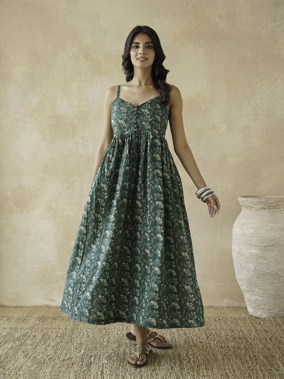 V-Neck Long Strappy Dress Forest Green