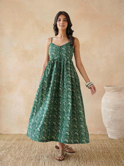 V-Neck Long Strappy Dress Forest Green