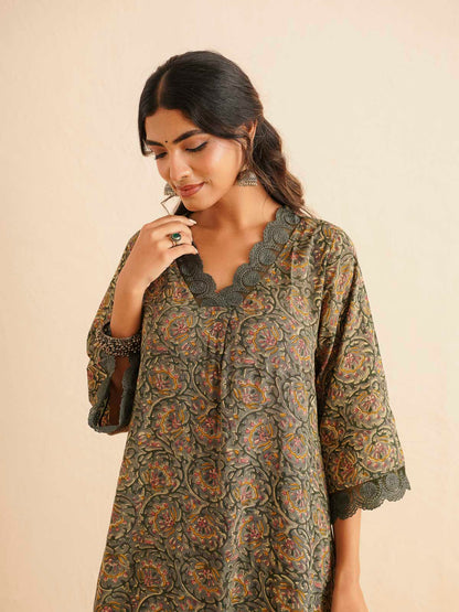 Block Printed Cotton Kurta Pant Bagiya Set Forest Green