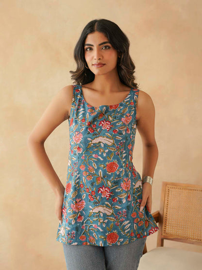 Cotton Printed Stylish Backless Tie-Up Kurti Blue Jaal