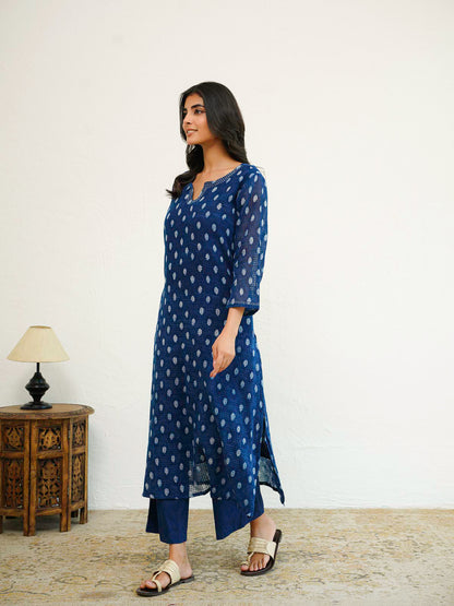 Cotton Printed Kantha Style Set For Women Indigo Eye
