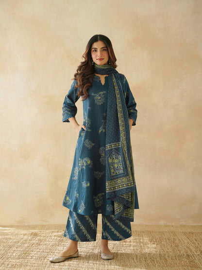 Cotton Printed Aline Geet Kurta Set For Women Indigo