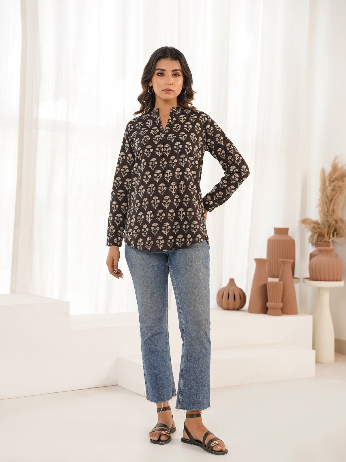 Cotton Printed Top For Women Black