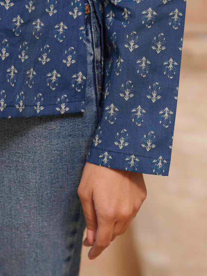 Full Sleeve Cotton Printed Classic Vee Top Blue Indigo Flower