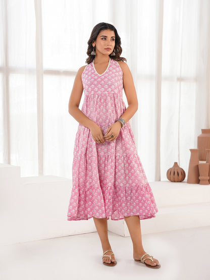 Tiered Halter Neck Dress Pink Booty