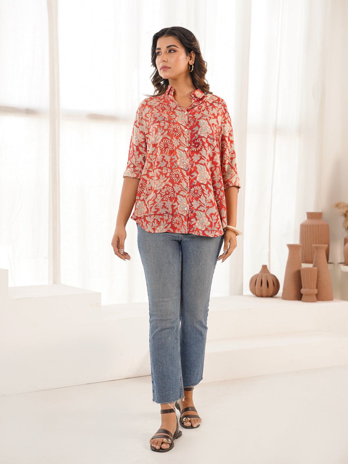 Block Printed Cotton Meher Shirt Red Flower