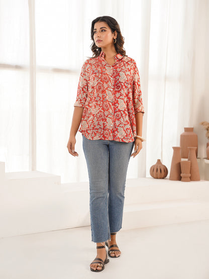 Block Printed Cotton Meher Shirt Red Flower