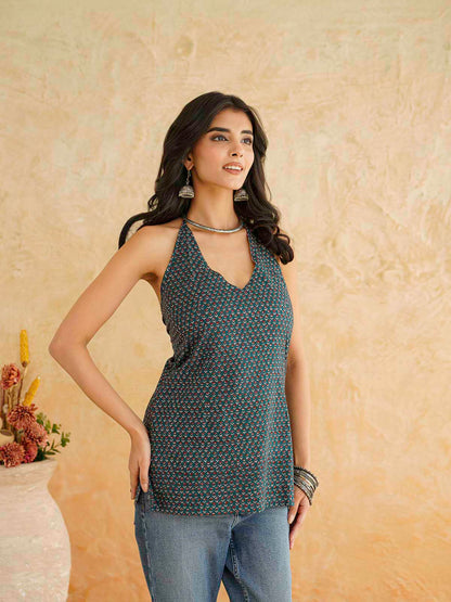 Cotton Printed Stylish Halter Tie-Up Kurti Green Booty