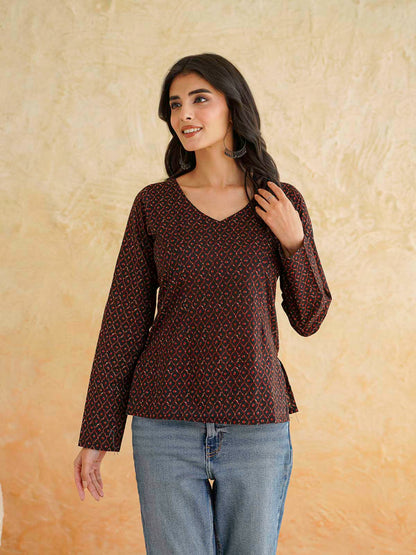 Full Sleeve Cotton Printed Classic Vee Top Black