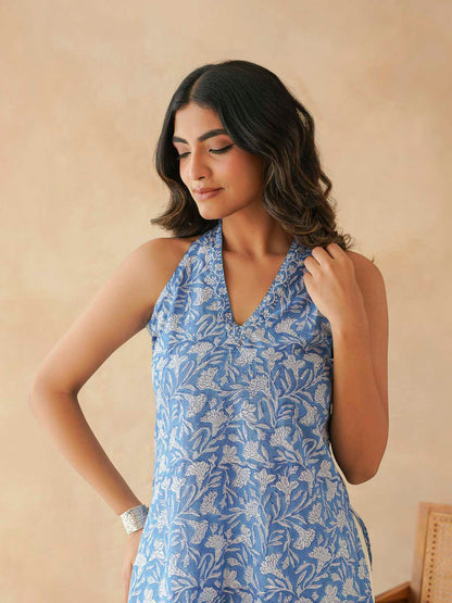 Sleeveless Cotton Halter Neck Kurti Blue