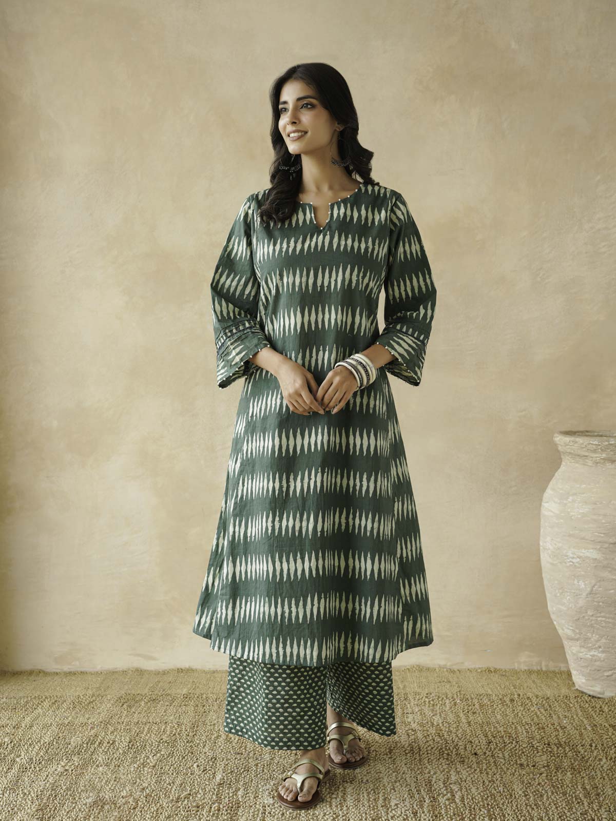 Cotton Printed Aline Kurta Set For Women Green