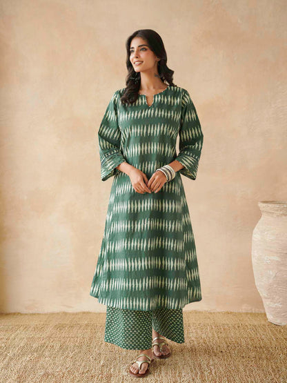 Cotton Printed Aline Kurta Set For Women Green